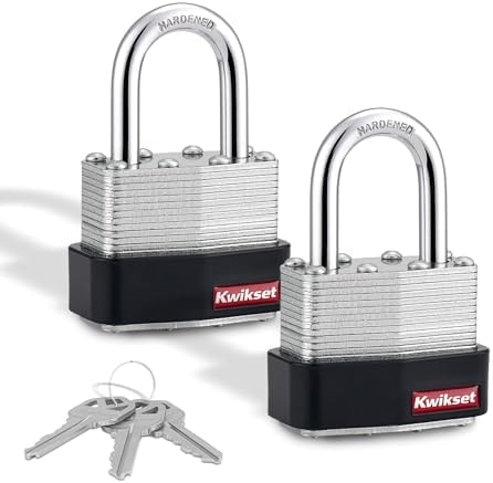 Kwikset Laminated Steel Padlock with Hardened Steel Shackle, 2-Pack, Silver