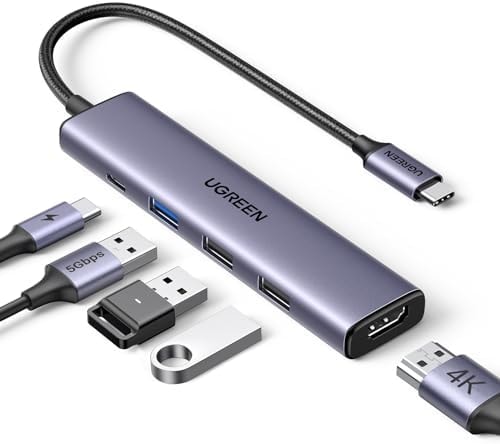 UGREEN USB C Hub 5 in 1 Multiport USB Adapter 4K HDMI, 100W Power Delivery, 3 USB-A Data Ports, USB C Dongle for MacBook Pro/Air M5/M4/M3/M2/M1, iPad Pro, iMac, iPhone 16 Pro/Pro Max, XPS, Thinkpad