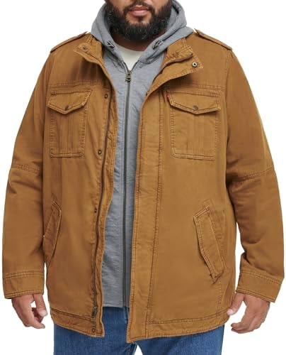 Levi's Men's Washed Cotton Hooded Military Jacket Coat, Brown, XLT