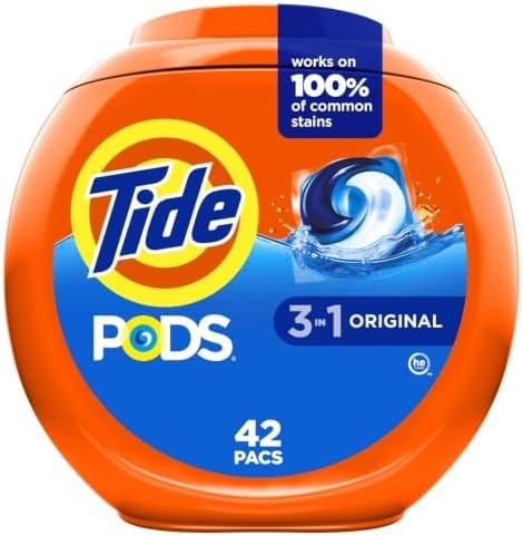 Tide PODS laundry detergent pacs, 3-in-1 Stain Remover, Odor Fighter, Color Protector, 42 Count, HE compatible, Original Scent