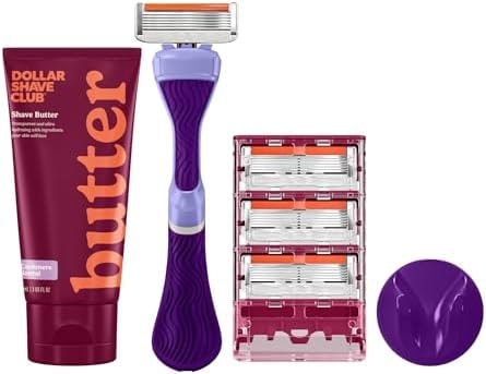 Dollar Shave Club For Women | 1 Purple Wavy Grip Handle, 4 Razor Refills, 1 Cashmere Santal Shave Butter, 1 Shower Hanger | Razors for Women, Womens Razors