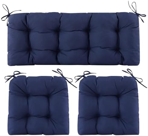 Aegisun Wicker Chair Cushions of 3 Pieces, Waterproof Cushions for Patio Furniture, Tufted Wicker Outdoor Furniture Cushions, 1 Patio Loveseat Cushion and 2 U-Shaped Cushions, 44"x19"x5", Navy Blue