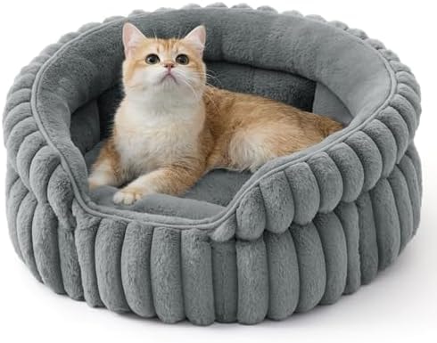 Bedsure ComfyFleece® Washable Cute Cat Bed,Soft Round Kitten Bed,20in,Gray