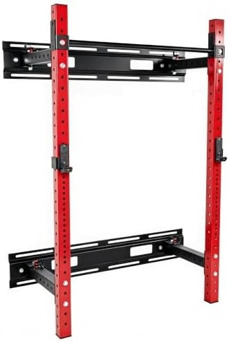 HULKFIT 3” x 3” Wall Mounted Fold-in Power Cage Squat Rack with Adjustable Pull Up Bar and J Hooks -Space-Saving Home Gym – Sports Training – Wall Mount Rack –Red