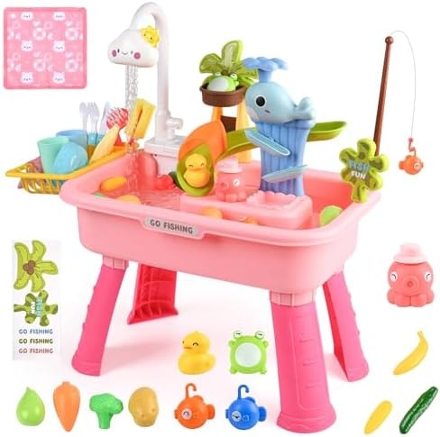 Mobelixy Upgraded Toddler Sand Water Table Toy with Electric Water Pump, Kids Sand Water with Faucet/Play Food Accessories/Fishing Toy, Kitchen Play Sink Toys for Girl Boy Age 3+ (Pink)