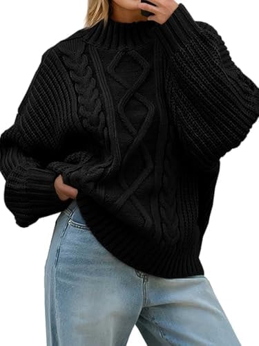 Saodimallsu Womens Oversized Cable Knit Sweaters 2026 Fall Winter Trendy Button Up Turtleneck Chunky Pullover Sweater Tops Black