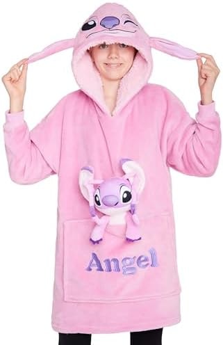 Disney Blanket Hoodie with Plushie and 3D Ears Wearable Comfy Oversized Sweatshirt Sherpa Fleece Blanket Gifts for Kids (Pink Angel)