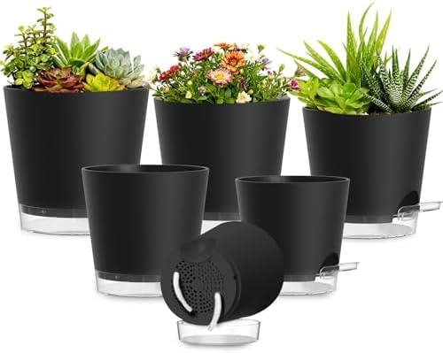 SQKH Plant Pots 4/5/5.5/6/6.5/7 Inch Self Watering Pots, 6 Pack Plastic Planters with Drainage Holes and Clear Saucers,Plastic Flower Pots,Nursery Planting Pot for Indoor Out Door Plants(Black)