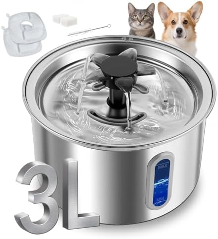 ZOESEEK 3L/101oz Stainless Steel Cat Water Fountain for Indoor Use - Ultra Quiet Automatic Cat Fountain for Drinking, BPA-Free Pet Water Dispenser for Cats/Small Dogs LED Window (2 Filters 2 Sponges)