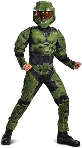 Disguise Halo Infinite Master Chief Costume, Kids Size Muscle Padded Video Game Inspired Character Jumpsuit, Child Size Small (4-6) Green & Black