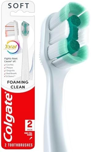 Colgate Total Active Prevention Foaming Clean Soft Toothbrushes, Soft Bristle Toothbrush Pack for Plaque Removal, Helps Reach Deeper Along the Gumline and Between Teeth, White, 2 Pack