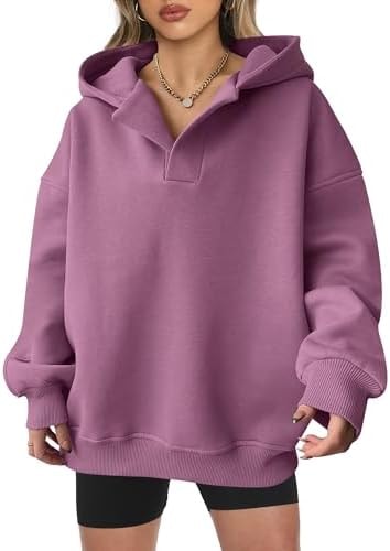 ANRABESS Hoodies for Women Oversized V Neck Hooded Sweatshirts Dark Pink