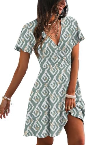 RUMIA Summer Dresses for Women Short Sleeve A Line Dress 2026 Womens Floral Dress V Neck Sundress Teal XL