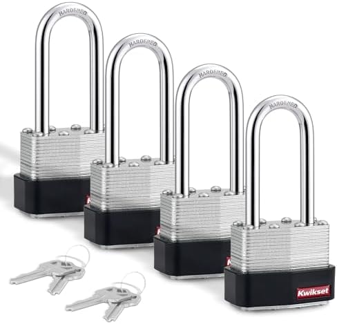 Kwikset Laminated Steel Padlock with Hardened Steel Shackle, 4-Pack, Silver