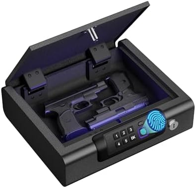 BILLCONCH Gun Safes Biometric Gun Safe Portable Pistol Safes Electronic Lock Box Key Access with LED Light Silent Mode Bedside Gun Safe for Pistols, Gun Lock Box for Nightstand
