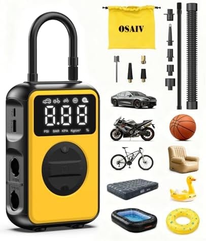 Tire Inflator Portable Air Compressor Cordless with Pressure Gauge and Auto Shut-Off Function, Dual Modes Air Pump - 150 PSI for Car Bike Tires & 4.0 kPa for Air Mattresses and Inflatables