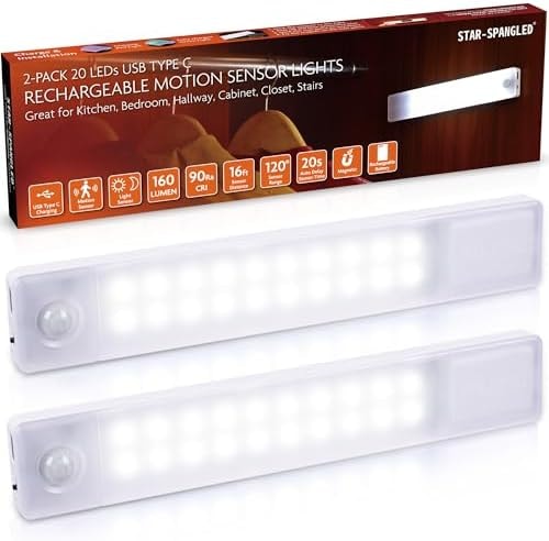 STAR-SPANGLED Under Cabinet Lighting Rechargeable, 8 inch Motion Sensor Lights Indoor Battery Operated, USB Stick on LED Magnetic Closet Light for Counter, Stairs, Kitchen, Cool White, 2 Pack