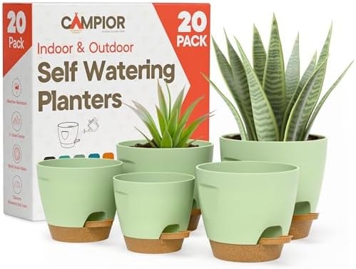 Green Self Watering Pots 20 Pack, Indoor and Outdoor Plant Pots with Wick Rope & Drainage Holes, Easy Watering Lip, Lightweight Plastic Self Watering Planter for Succulents, Houseplants, and Herbs