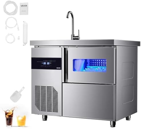 VEVOR Commercial Ice Maker Machine, 132 lbs/24H Stainless Steel Worktop Ice Machine with Sink, 30 lbs Storage & 70 Cubes/Cycle, Self-Cleaning Freestanding Ice-Making for Home Bar Restaurant Kitchen
