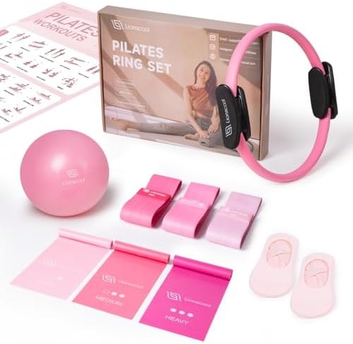 LIONSCOOL Pilates Ring Set 14" Magic Circle, 9" Mini Ball, Resistance Bands
