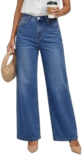 LookbookStore Womens Stretch High Waist Baggy Loose Leg Jeans for Women Denim Wide Leg Pants Trendy Baggy Jeans Nightfall Blue Size Large Size 12 14