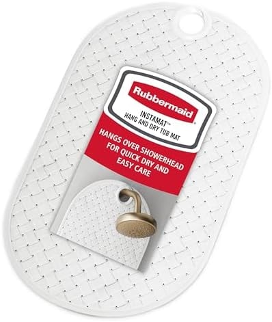 Rubbermaid INSTAMAT Bath Tub Shower Mat, Non-Slip Tub Mat with Suction Cups, Bath Mat Hangs on Showerhead for Quick Dry, 27.2 x 15.2 Inch, BPA-Free, Easy to Clean, for Inside Tub or Shower, White