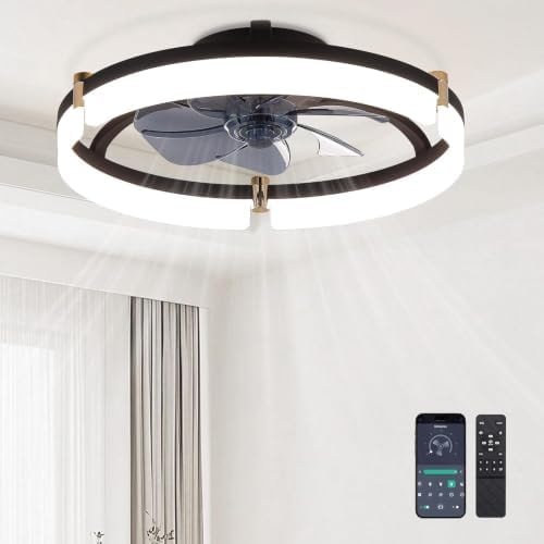 DIAMONDFORGE Ceiling Fans with Remote and Lights Fandelier - 20'' Low Profile Flush Mount Modern Black Ceiling Fans for Bedroom - 6 Speeds and Stepless Color Temperature Change