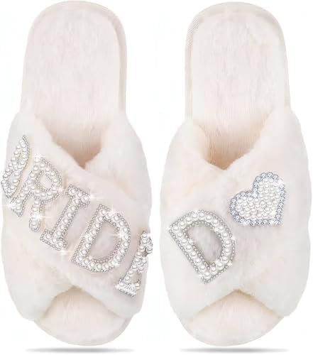 Personalized Bride Slippers for Bride to Be | Plush,Non-Slip & Custom Initial A-Z with Pearl Rhinestones | Personalized Gift for Bridal Shower,Bachelorette,Honeymoon & Wedding(White,D,Size 9-10)
