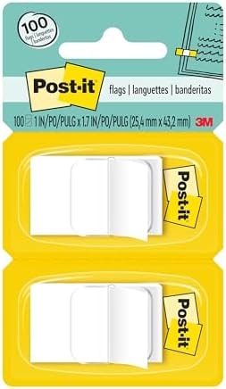 Post-it Flags, 1 x 1.7 in, White, 2 Dispensers, 50 Flags/Dispenser