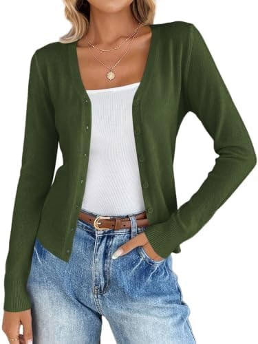 KIRUNDO Lightweight Cardigans for Women V Neck Fall Sweaters,Army Green,L
