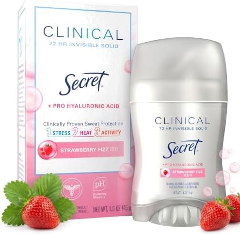 Secret Clinical Strength Antiperspirant Deodorant for Women, 3X Stress Protection, 72hr Sweat & Odor Protection, Pro-Hyaluronic Acid, Invisible Solid, Strawberry Summer Fizz Scent, 1.6 oz