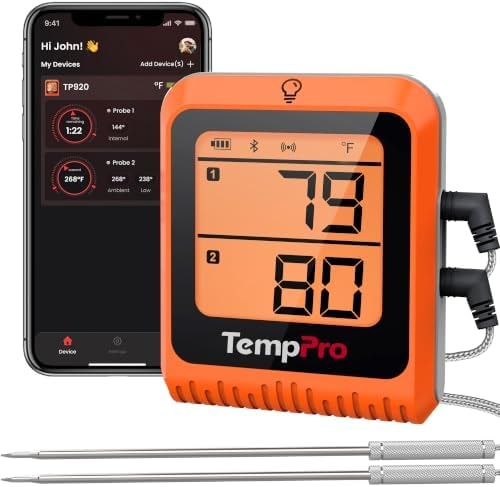 TempPro Wireless Meat Thermometer Digital for Grilling and Smoking, 2 Probes Bluetooth Meat Thermometer for Cooking, Rechargeable Smoker Accessories for BBQ Oven (Previously ThermoPro)