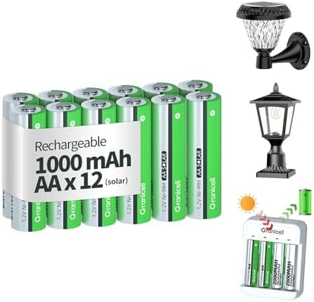 Granicell 12-Pack NiMH Rechargeable AA Batteries for Solar Lights