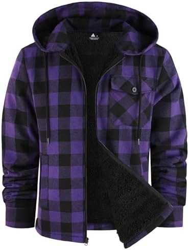 V VALANCH Men's Sherpa Lined Flannel Jacket with Hood Full-Zip Fleece Coat
