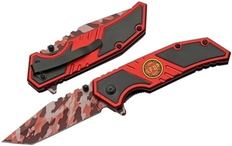 SZCO 7.5" Red Camo Firefighters Folding Pocketknife With Pocket Clip