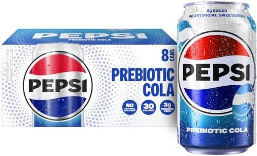 Pepsi Prebiotic Cola, 12 fl oz Cans (8 Pack), 30 Calories, 3g Prebiotic Fiber, 5g Sugar, Soda Pop