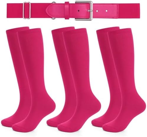 XZQTIVE 3 Pairs of Baseball Softball Socks and 1 Baseball Softball Belt Combo Set Knee High Soccer Socks for Kids Youth Adult