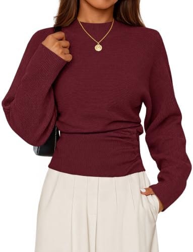 MEROKEETY Women's Fall Mock Neck Batwing Sleeve Sweater Trendy, Wine, S