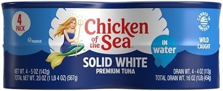 Chicken of the Sea Wild Caught Premium Solid White Albacore Tuna in Water, 5 oz Cans, 4-Count – High Protein 100% Classic Tuna in Water – Delicious, Easy, Nutritious Ready to Eat Meals