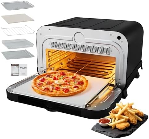 VEVOR Pizza Oven, 8 Presets Electric Pizza Ovens Air Fry Combo, 12-Inch Indoor Pizza Maker Smart Knob Control, 750°F Max Temp, IPX4 Waterproof Countertop Pizza Cooker w/Pizza Stone,Fry Basket
