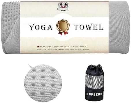 HAPBEAR Non Slip Yoga Mat Towel with Grip Dots, 72" x 24" Hot Yoga Towel - Super Absorbent Microfiber Yoga Towel for Hot Yoga, Bikram, Pilates and Gym Workout - Grey