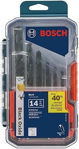 BOSCH BL14 14-Piece Assorted Set Three-Flat Shank Black Oxide Drill Bits for Applications in Light-Gauge Metal, Wood, Plastic