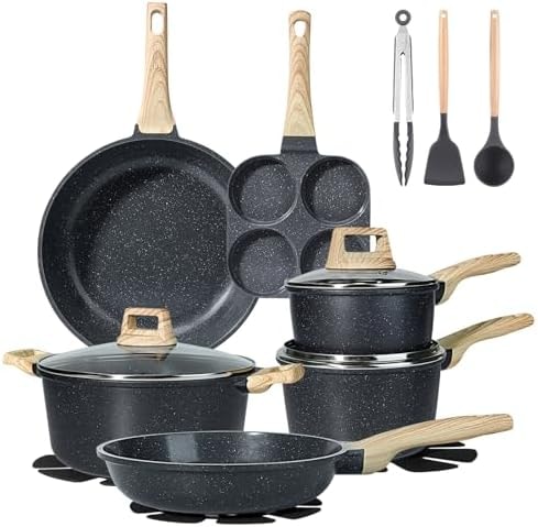 GiPP Ceramic Pots and Pans Set Non Stick - 17 Pcs Nonstick Cookware Set, Non-toxic Healthy Kitchen Cooking Set w/Frying Pans Set, Dishwasher Safe, PFAS PTFE PFOA PFOS Free, Dark Gray