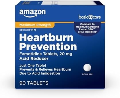 Amazon Basic Care Maximum Strength Famotidine 20mg Tablets, Acid Reducer, Heartburn Prevention and Relief, Acid Reflux, 90 Count