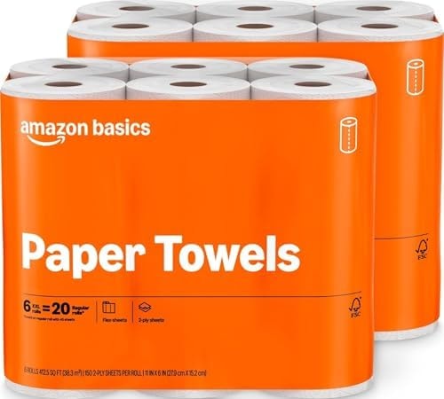 Amazon Basics 2-Ply Flex-Sheets Paper Towels, 12 Basics Rolls = 40 Regular Rolls, Everyday Value with 150 Sheets per Roll, Packaging May Vary