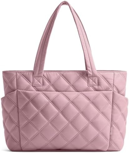 Uselike Tote Bag for Women, Lightweight Puffer Tote Work Bags with Compartments for Travel, Quilted Shoulder Bag with Zipper (Mauve Pink)