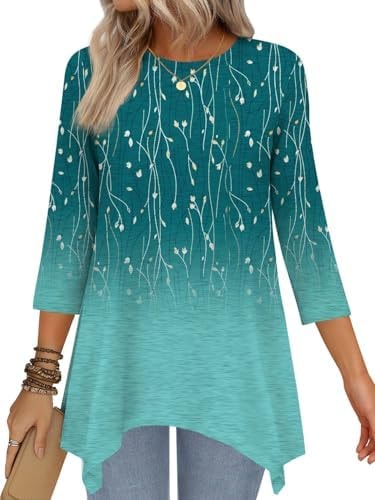 JUSTFASHIONNOW Women's Fall Tops 3/4 Sleeve Dressy Casual Plus Size Tunic Tops to Wear with Leggings Maternity Shirts Loose Blouses(Gradient green,3X-Large