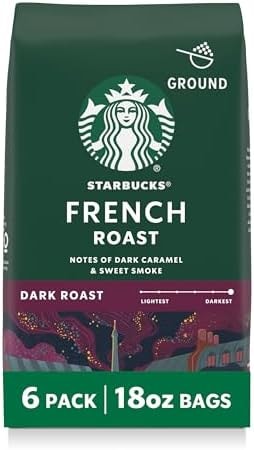 Starbucks Ground Coffee, Dark Roast Hot or Iced Coffee, French Roast, Six 18 oz Bags