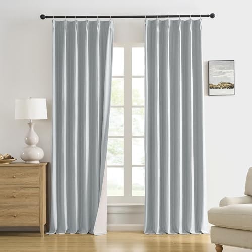 Light Grey Pinch Pleated Blackout Curtains 96 Inch Long, Accordion Style Thermal Insulated Drapes with Hooks, Back Tab Ceiling Traverse Curtains for Living Room,40x96, 2 Panels