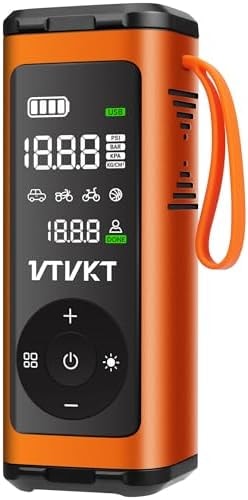 VTVKT Tire Inflator Portable Air Compressor, Powerful 12000mAh Aluminium Alloy Cordless Air Pump with LED Light and Power Bank, 150PSI Tire Inflator for SUV, Sedan, Motorcycle, Bike, Ball, Orange